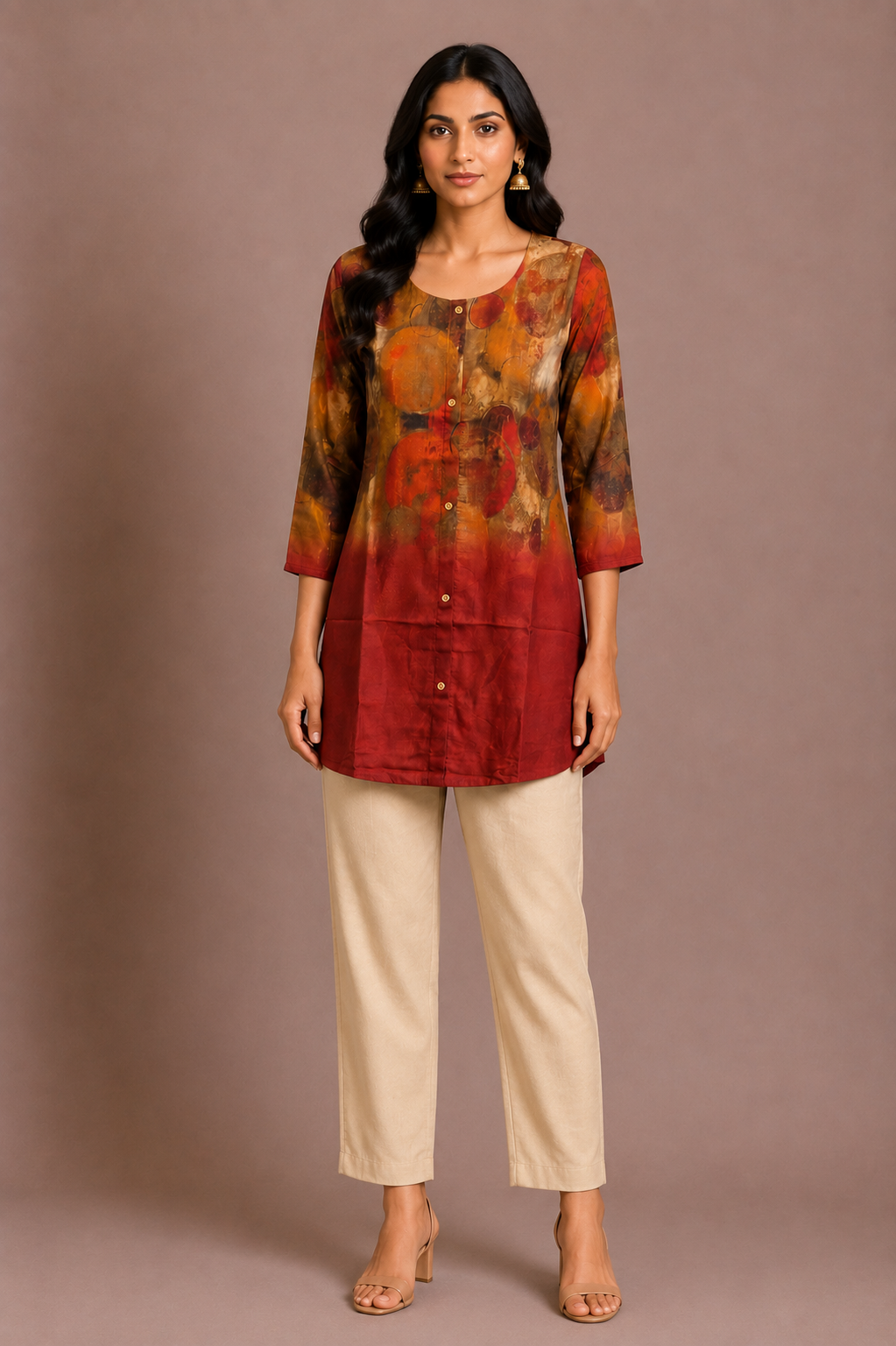 Rust Brown Abstract Print Silk Short Kurti